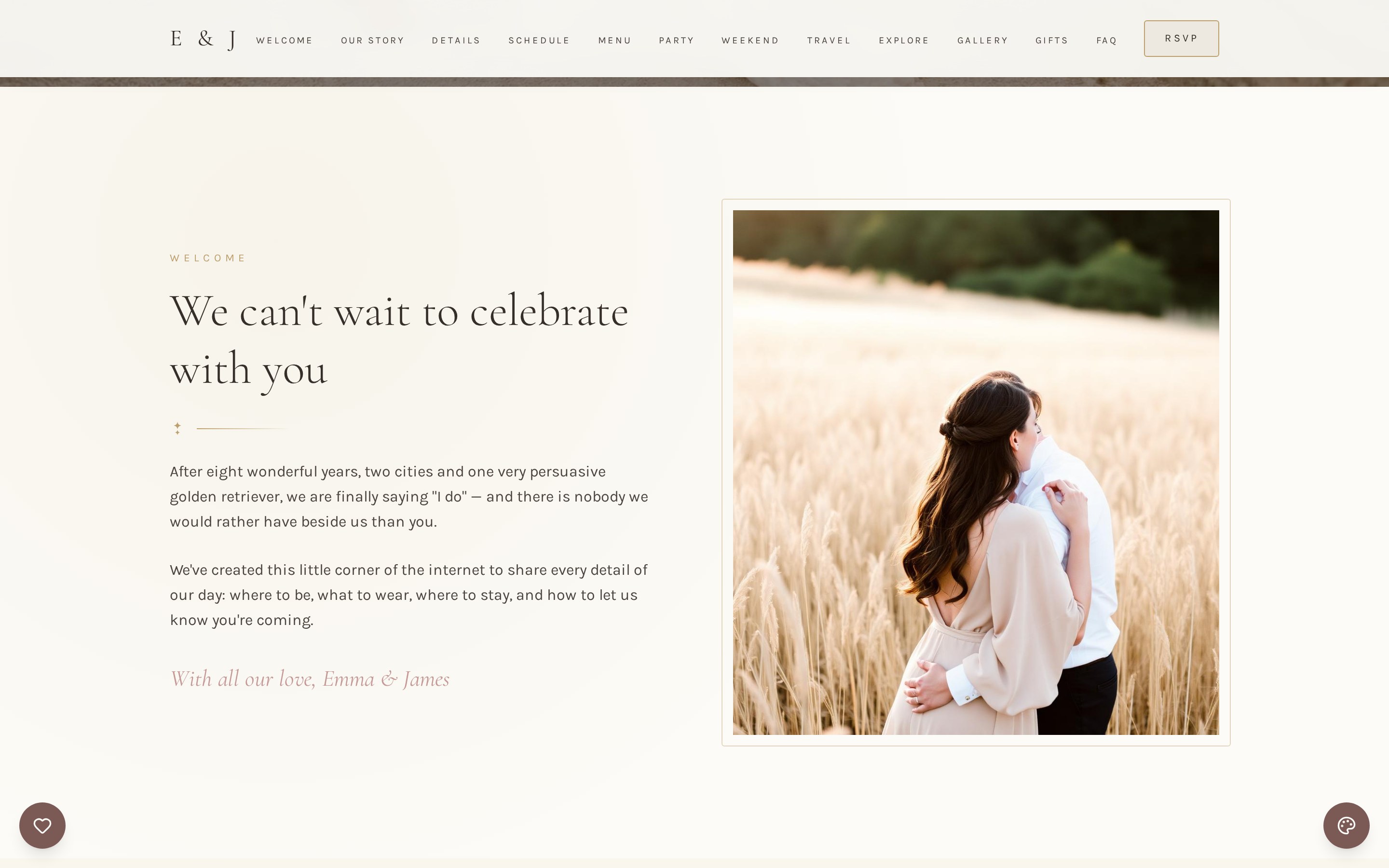 Romantic Editorial wedding website design shown on a desktop screen