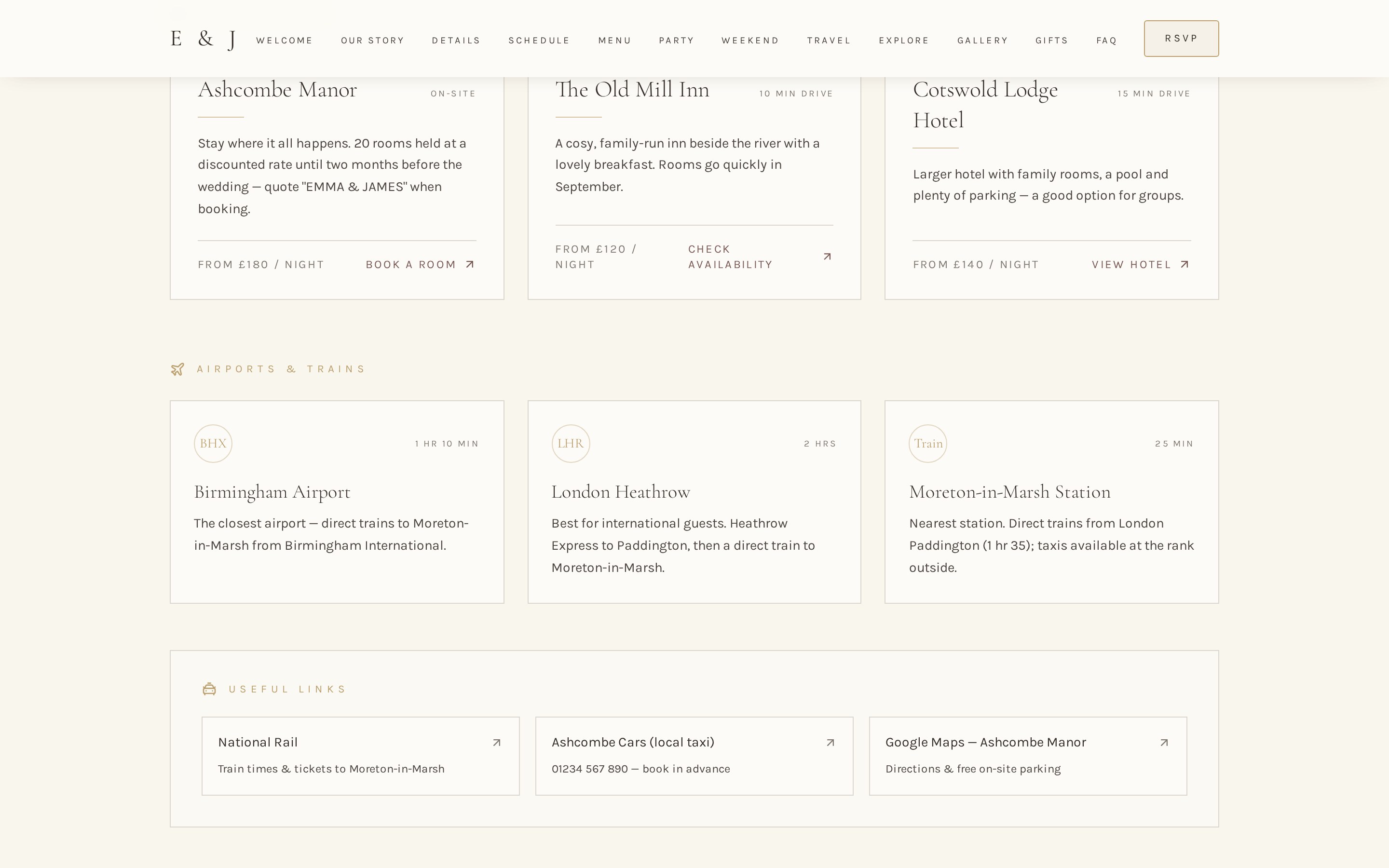 Travel and accommodation section of the wedding website