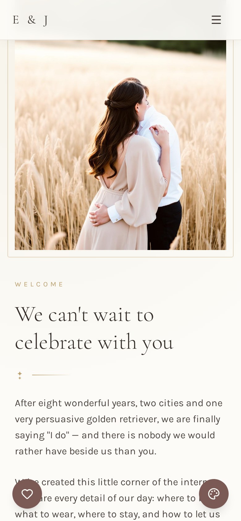 Romantic Editorial wedding website design shown on a phone