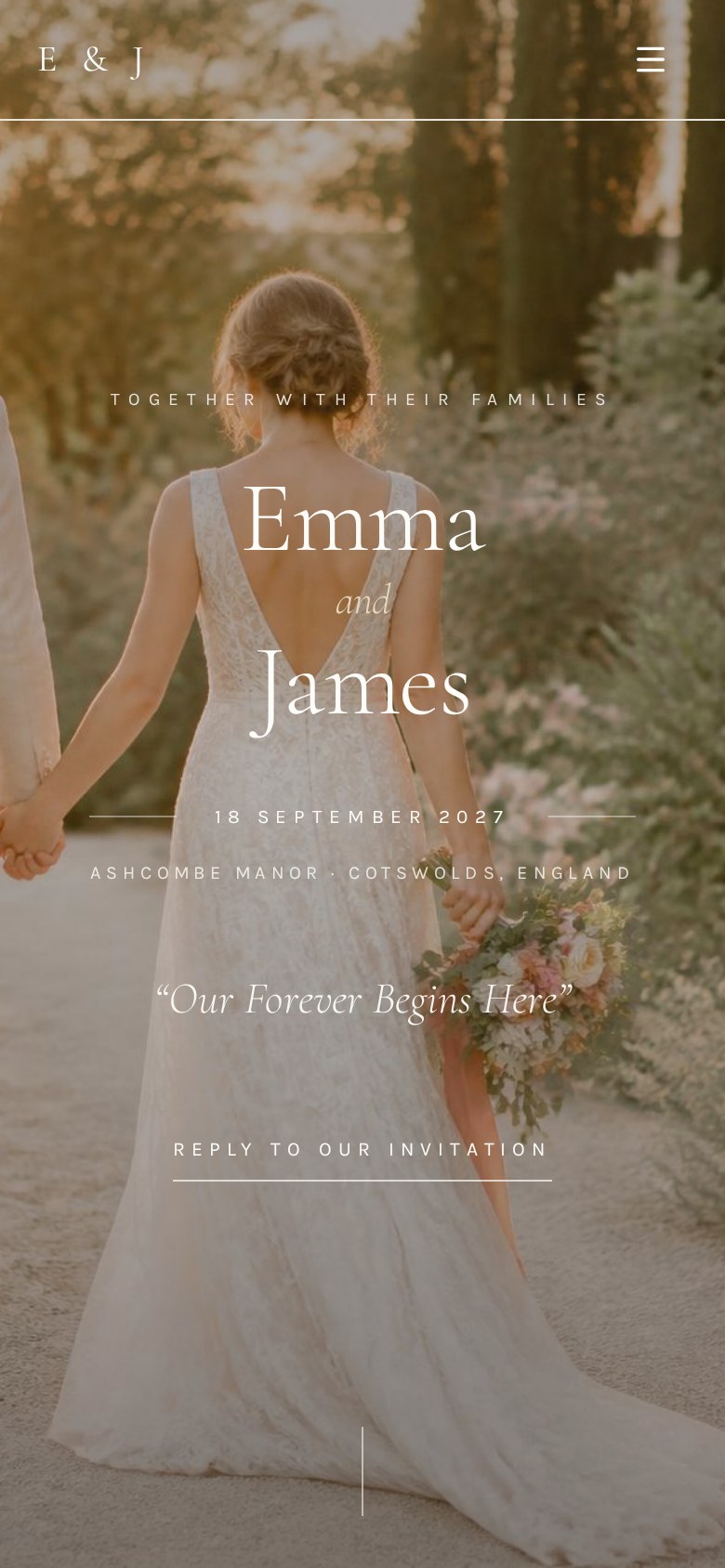 The same wedding website shown on a phone