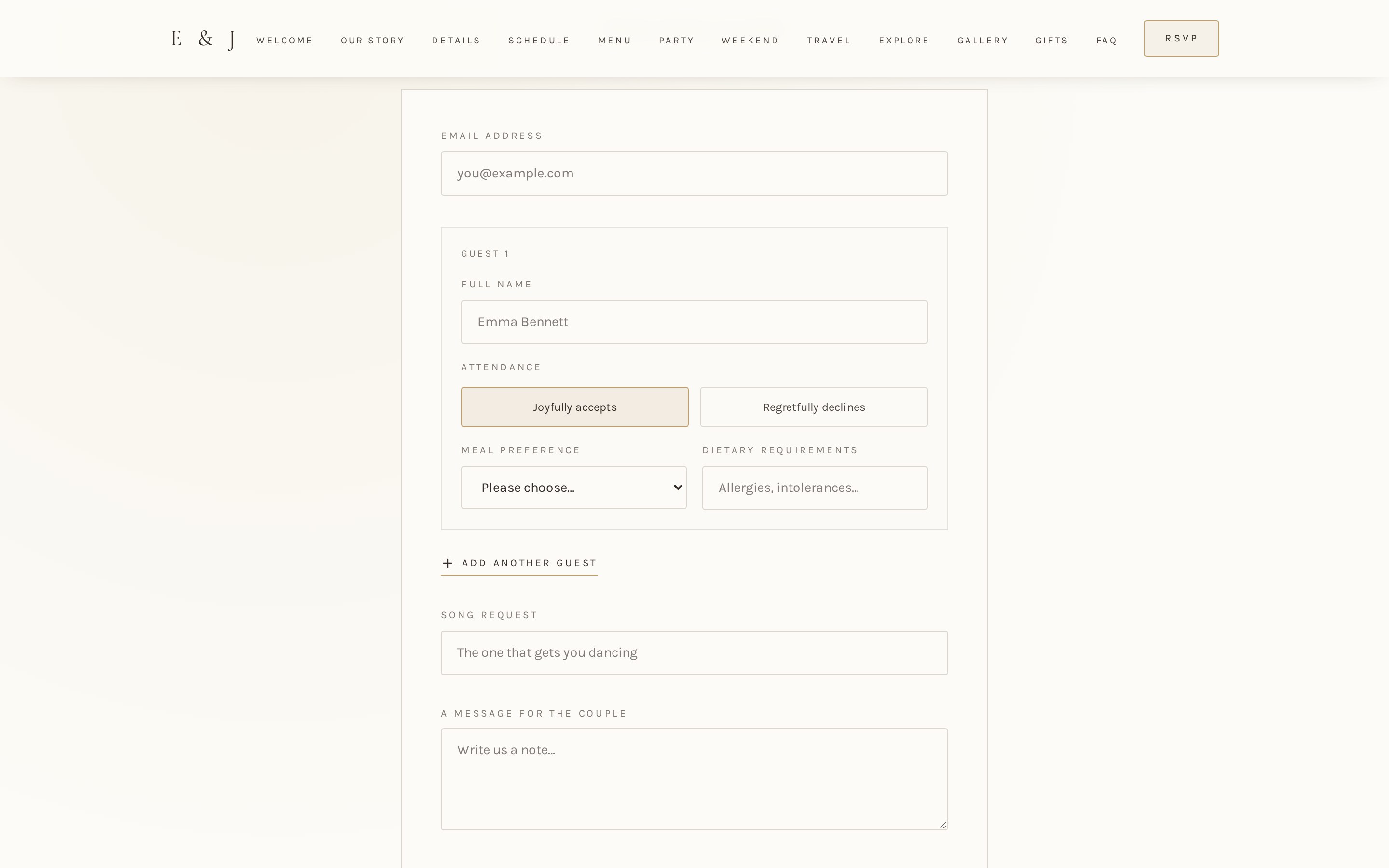 Online RSVP form on the wedding website